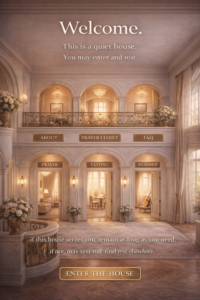“A quiet, welcoming house with softly lit rooms representing prayer, fasting, worship, and rest.”